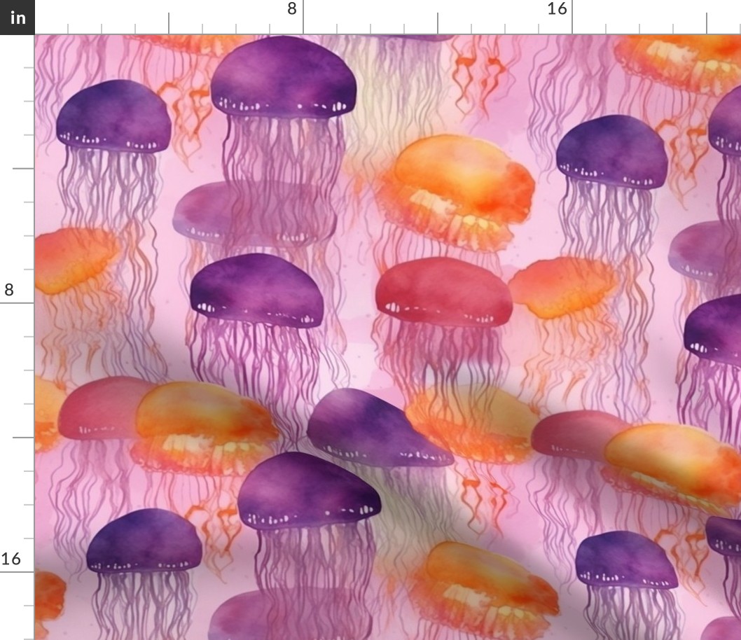 tropical watercolor jellyfish in orange and magenta and purple