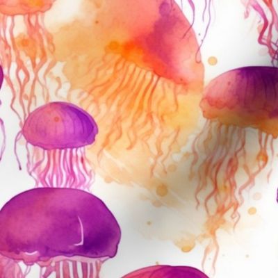 watercolor jellyfish in orange and magenta and purple