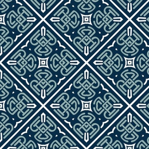 Geometric art deco tiles in white and blue