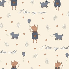 Jumbo – cute fox baby boy with push-along duck, balloon, dots, lettering – cream, blue, beige