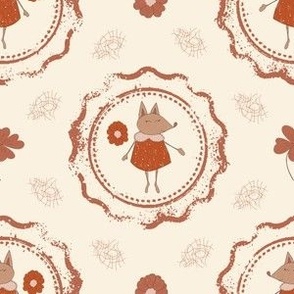 Medium – cute dressed fox girl in frame with clover flower – cream, red, blush pink, dark pink