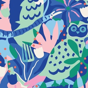 Pink and Blue - Jumbo - Maximalist Moody Owl Jungle Wallpaper ©designsbyroochita