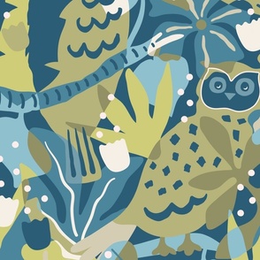 Sage and blue - jumbo - Maximalist Moody Owl Jungle Wallpaper ©designsbyroochita