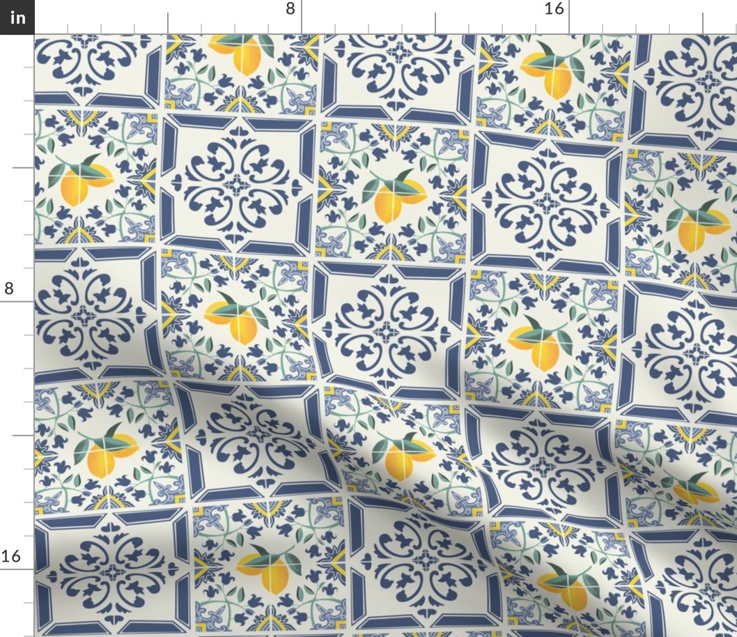 delft blue mediterranean tiles with lemons - small scale