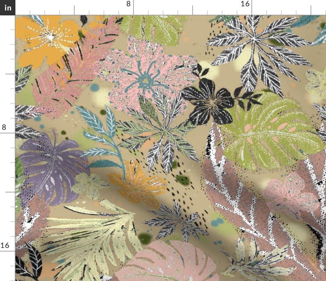 tropical-leaves-non-directional-wallpaper-green-yellow-brown-orange-pink-on-tan