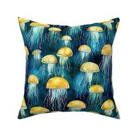 watercolor jellyfish in yellow and teal and green