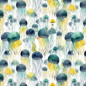 watercolor jellyfish in green and teal and yellow