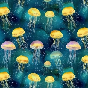 ocean watercolor jellyfish in teal and yellow and green