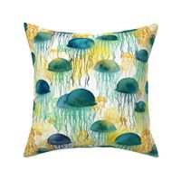 watercolor jellyfish in teal and yellow and green
