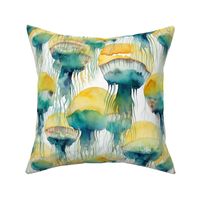 watercolor jellyfish in teal and yellow and green