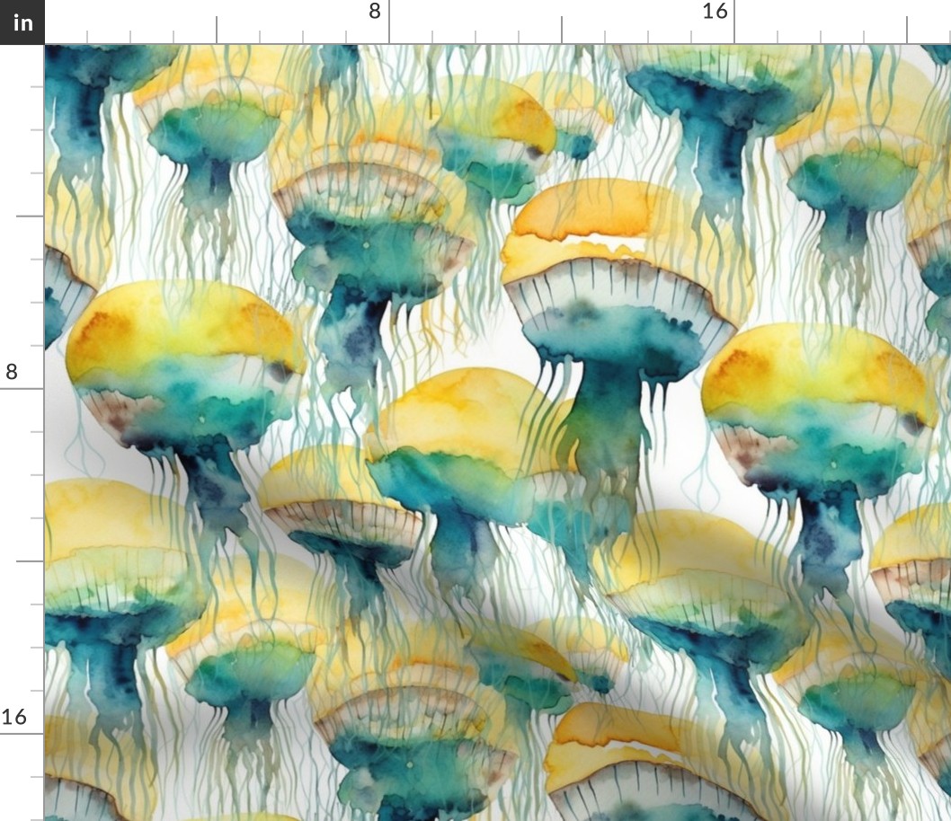 watercolor jellyfish in teal and yellow and green