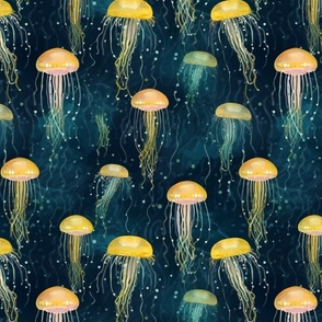 watercolor jellyfish in teal and yellow and gold