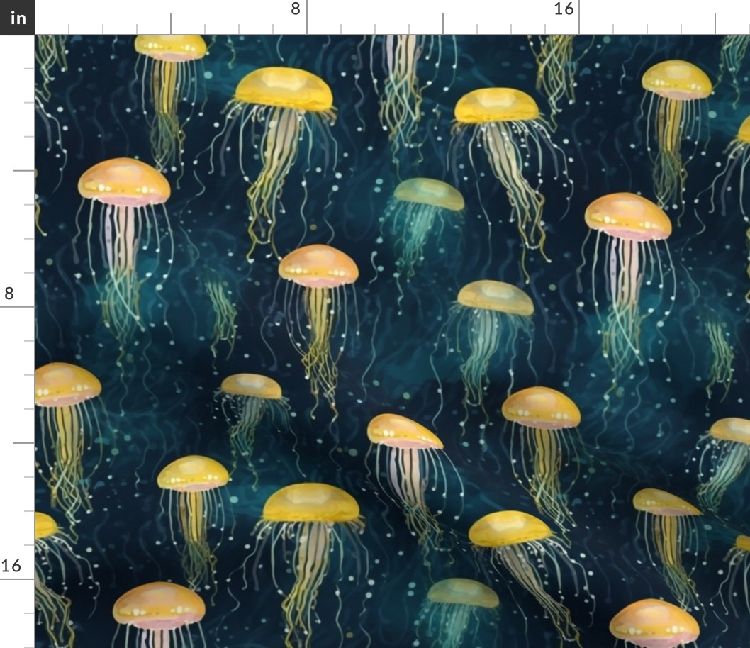 watercolor jellyfish in teal and yellow and gold
