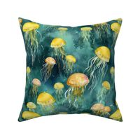 watercolor jellyfish in teal and yellow in splatter art