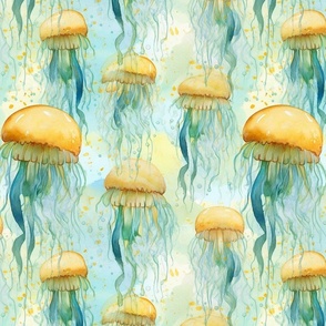 watercolor jellyfish in teal and yellow splash art