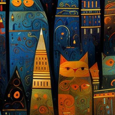 Kitty Cats City at Night like Gustav Klimt meets Laurel Burch