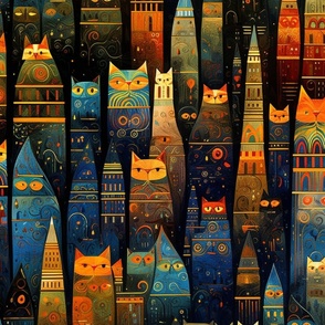 Kitty Cats City at Night like Gustav Klimt meets Laurel Burch