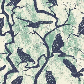Large-scale Silhouettes of Owls and Trees Variation 2