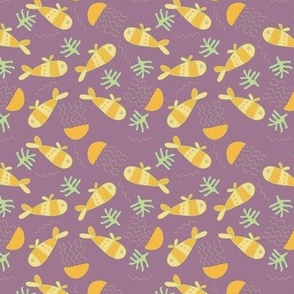 Retro fishes and jellyfish in tangerine orange and yellow on deep mauve
