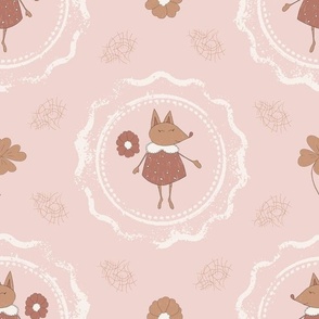 Large – cute dressed fox girl in frame with clover flower – blush pink, dark beige, off-white