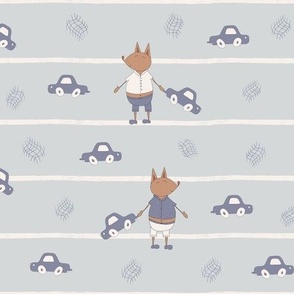Large – cute, dressed fox boy with cars on stripes – baby blue, off-white, beige