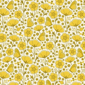 Retro Buttercups, Bees and Butterflies in yellow and gold small scale