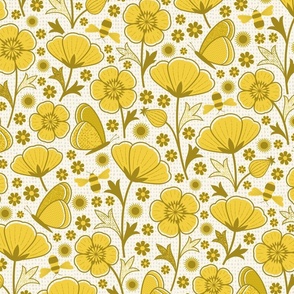 Retro Buttercups, Bees and Butterflies in yellow and gold medium scale