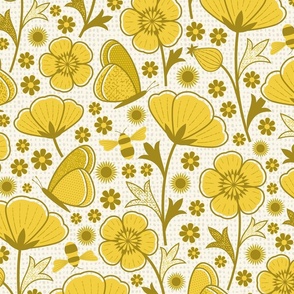  Retro Buttercups, Bees and Butterflies in yellow and gold  Large scale
