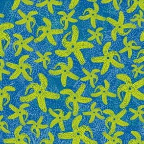 Chartreuse Hand-drawn Starfish in a Blue, Green and Cobalt Sea