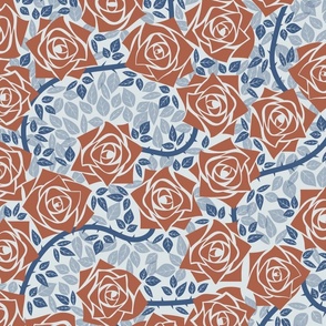 L Mid Century Modern Floral - Roses - Fall  Autumn Harvest  Woodland and Garden - Earth tone - Rose Garden - Rust Orange Roses (Burnt Orange) with dark Blue vines (Indigo Blue)