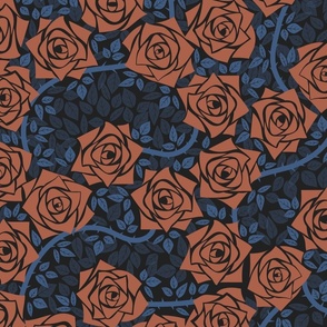 L Rose Garden - Fall Garden (Autumn) - Mystery Woodland - Earth tone - Deep Burnt Orange Rose (Rust Orange) and Dark Blue Vine (Indigo Blue) on Deep Black - Mid Century Modern inspired (MOD) - Modern Vintage - Minimalist Floral - Geometric Florals