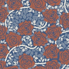 M Rose Garden - Fall Garden (Autumn) - Mystery Woodland - Earth tone - Deep Burnt Orange Rose and Off White Vine on Dark Blue (Navy Blue) - Mid Century Modern inspired (MOD) - Modern Vintage - Minimal Florals - Geometric Floral