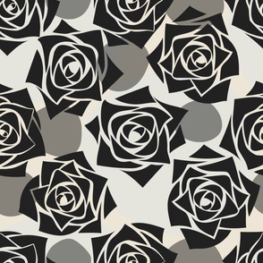L Modern Abstract Floral – Black and White Rose Wonderland - Monochrome - Deep Black Roses with Gray Polka Dots on Light Gray - Mid Century Modern inspired (MOD) - Modern Vintage - Minimalist Flowers - Geometric Florals