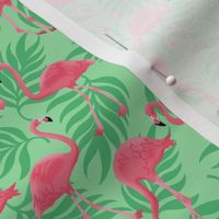 Small Tropical Flamingos on Palm Leaves