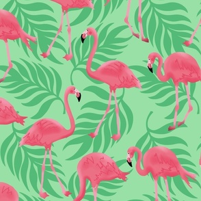 Jumbo Tropical Flamingoes on Palm Leaves