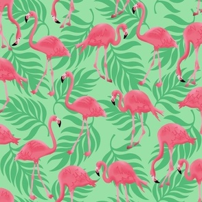 Large Tropical Flamingos on Palm Leaves