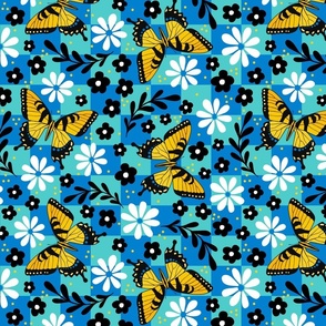 Large Scale Tiger Swallowtail Butterflies on Spring Blue and Aqua Checkers