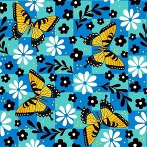 Medium Scale Tiger Swallowtail Butterflies on Blue and Aqua Checkers