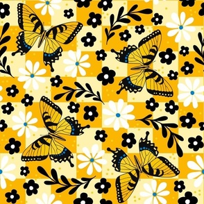 Large Scale Tiger Swallowtail Butterflies on Yellow and Gold Checkers