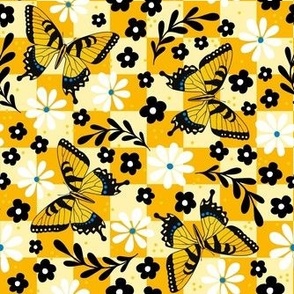 Medium Scale Tiger Swallowtail Butterflies on Yellow and Gold Checkers