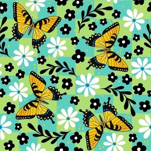 Large Scale Tiger Swallowtail Butterflies on Spring Green and Aqua Checkers