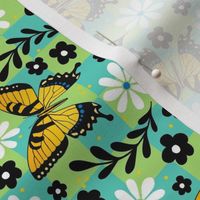 Medium Scale Tiger Swallowtail Butterflies on Spring Green and Aqua Checkers