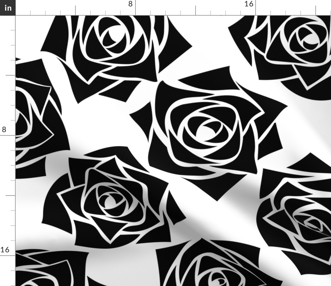 L Grid Roses – Black and White - Silhouette Deep Black Rose on White - Check - Mid Century Modern inspired (MOD) - Modern Vintage - Minimal Flowers - Geometric Florals