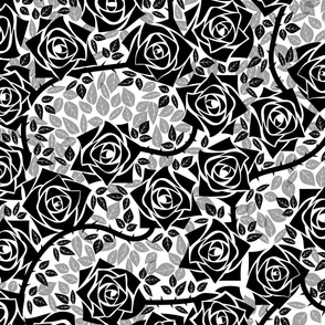 L Black and White Rose Garden - Mystery Woodland - Deep Black Rose on White - Mid Century Modern inspired (MOD) - Modern Vintage - Minimal Flower - Geometric Florals