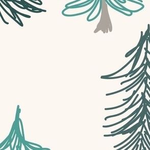 463 $ - Jumbo scale  emerald green doodle pine/fir Christmas  trees in a snowy landscape - for unisex neutral wallpaper, duvet covers, curtains, table runners and tablecloths