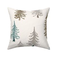 463 - Jumbo scale  beige, taupe and dark emerald green doodle pine/fir Christmas trees in a snowy landscape - for unisex neutral wallpaper, duvet covers, curtains, table runners and tablecloths