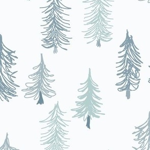 463 - $ Medium small scale soft aqua teal blue doodle pine/fir Christmas trees in a snowy landscape - for unisex neutral wallpaper, duvet covers, curtains, table runners and tablecloths