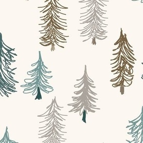 463 $ - Medium small scale  beige, taupe and dark emerald green doodle pine/fir Christmas trees in a snowy landscape - for unisex neutral wallpaper, duvet covers, curtains, table runners, tablecloths, kids festive apparel, baby's first Christmas