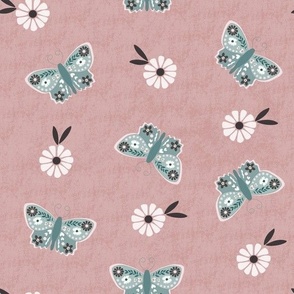 Large Scale // Vintage Butterflies  Floral on  Carnation Pink