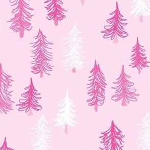 463 $ - Medium  scale candy floss hot pink hand drawn pine fir Christmas  trees -  for pink wallpaper, bed linen, duvet covers, baby girl nursery,  nature baby, curtains, peel and stick wallpaper, book covers, stocking, Santa sack